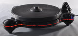 Oracle Audio Origine Acrylic Insert, Neon Red, shown fitted in a black Origine Mk2 plinth, three-quarter view