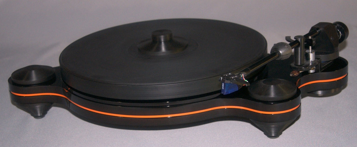 Oracle Audio Origine Acrylic Insert, Matte Orange, shown fitted in a black Origine Mk2 plinth, three-quarter view