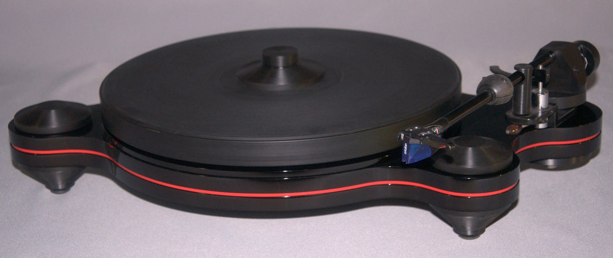 Oracle Audio Origine Acrylic Insert, Matte Red, shown fitted in a black Origine Mk2 plinth, three-quarter view