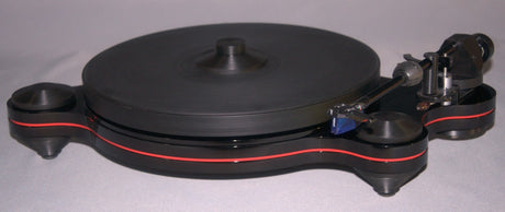 Oracle Audio Origine Acrylic Insert, Matte Red, shown fitted in a black Origine Mk2 plinth, three-quarter view