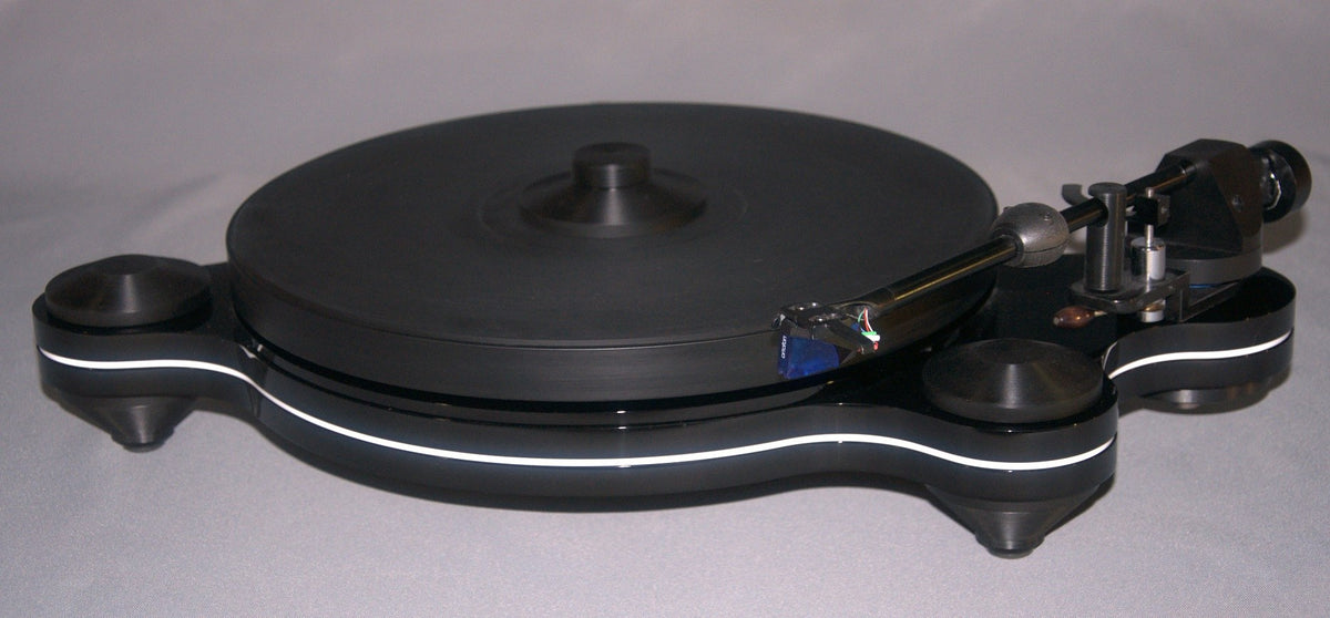 Oracle Audio Origine Mk2 Turntable, Black plinth with White acrylic insert, three-quarter view