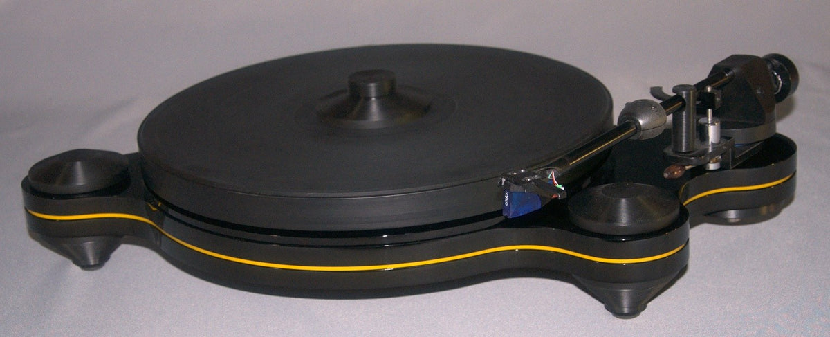 Oracle Audio Origine Mk2 Turntable, Black plinth with Yellow acrylic insert, three-quarter view