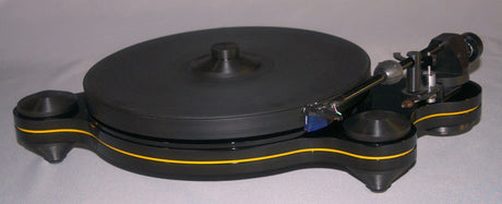 Oracle Audio Origine Acrylic Insert, Matte Yellow, shown fitted in a black Origine Mk2 plinth, three-quarter view
