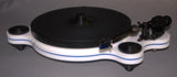 Oracle Audio Origine Mk2 Turntable, White plinth with Blue acrylic insert, three-quarter view