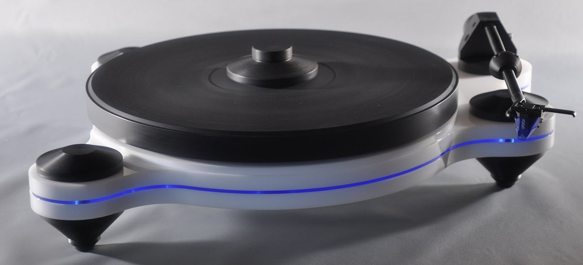 Oracle Audio Origine Mk2 Turntable, White plinth with Neon Blue acrylic insert, three-quarter view