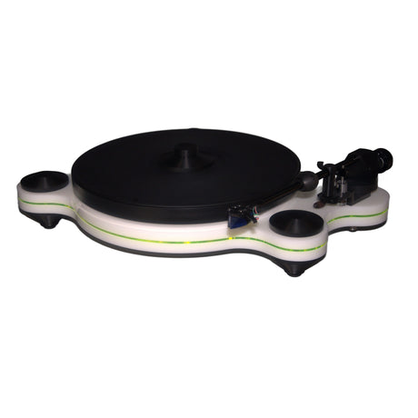 Oracle Audio Origine Mk2 Turntable, White plinth, Neon Green insert, three-quarter view on white