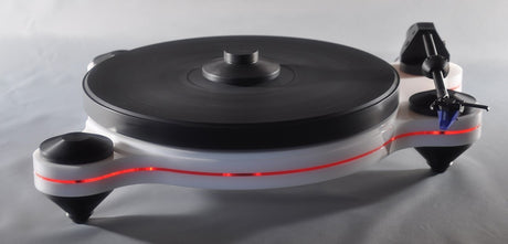 Oracle Audio Origine Mk2 Turntable, White plinth with Neon Red acrylic insert, three-quarter view