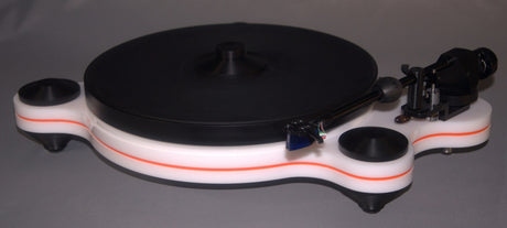Oracle Audio Origine Mk2 Turntable, White plinth with Orange acrylic insert, three-quarter view