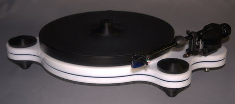 Oracle Audio Origine Acrylic Insert, Transparent Blue, shown fitted in a white Origine Mk2 plinth, three-quarter view