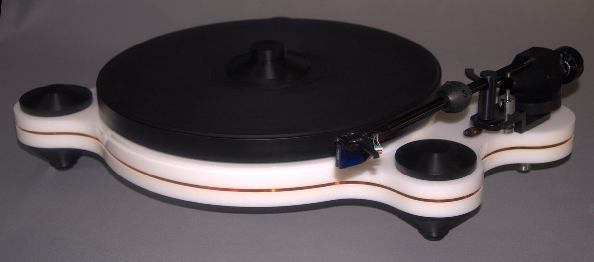 Oracle Audio Origine Mk2 Turntable, White plinth with Transparent Yellow acrylic insert, three-quarter view