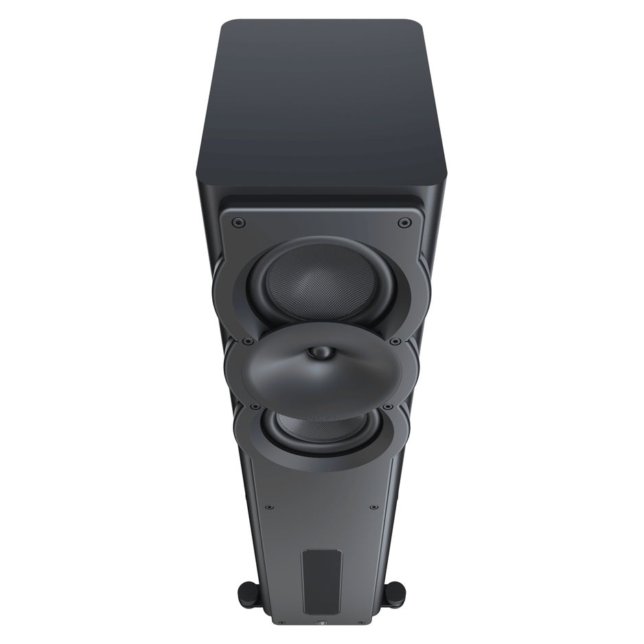 Perlisten A3t Tower Speaker Top Down View Showing Dual Carbon Fiber Woofers and Teteron Tweeter