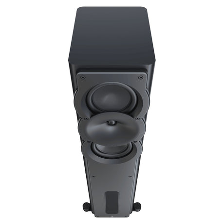 Perlisten A3t Tower Speaker Top Down View Showing Dual Carbon Fiber Woofers and Teteron Tweeter