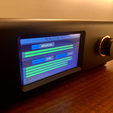 Perlisten DSPx Active Digital Crossover, Black, touchscreen close-up showing source, output level and subwoofer trim meters