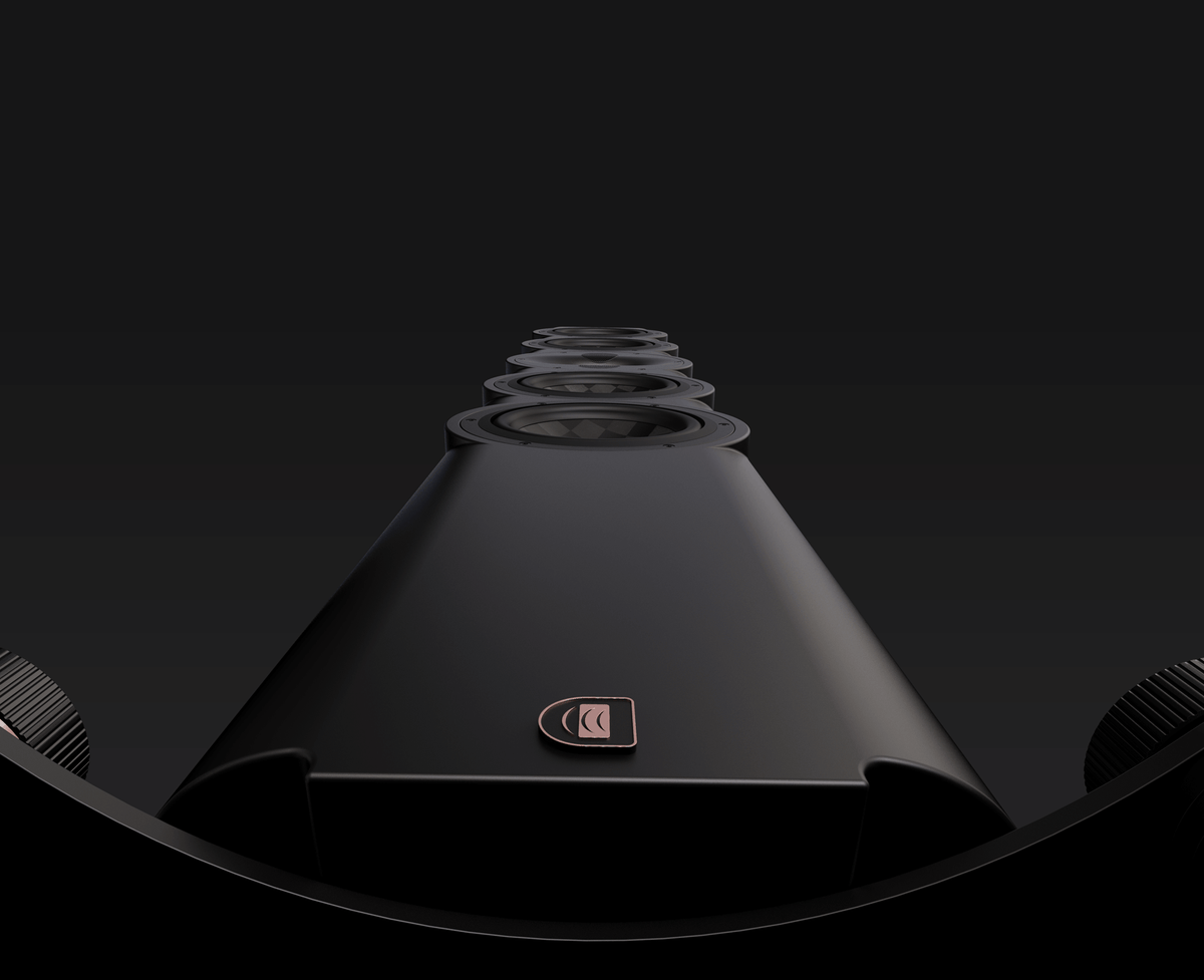 Perlisten S7t tower speaker showing CNC-machined aluminum waveguide and cabinet construction detail