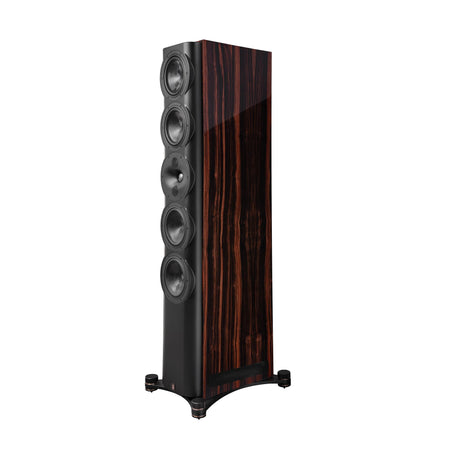 Perlisten S7t tower speaker in High Gloss Ebony finish, showing the full speaker with DPC-Array drivers and ebony wood grain veneer