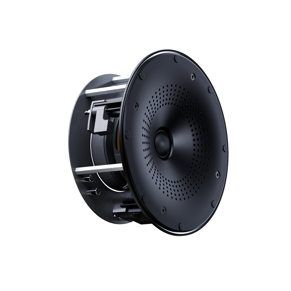 Perlisten X2ic In-Ceiling Speaker, three-quarter view with the grille removed showing the mounting chassis