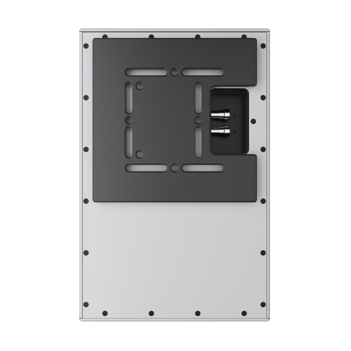 Perlisten X2w On-Wall Speaker, Satin White, rear connection panel with wall-mount bracket in vertical orientation