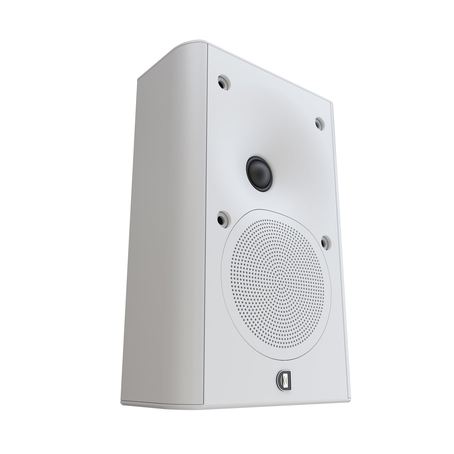 Perlisten X2w On-Wall Speaker, Satin White, three-quarter view facing right in vertical orientation