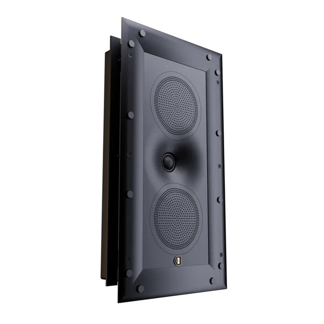 Perlisten X3iw In-Wall Speaker, Satin Black, three-quarter view with the magnetic grille detached behind the baffle