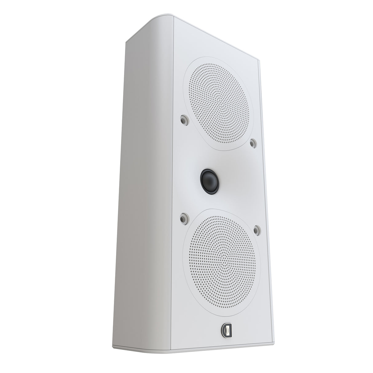 Perlisten X3w On-Wall Speaker, Satin White, three-quarter view facing right in vertical orientation