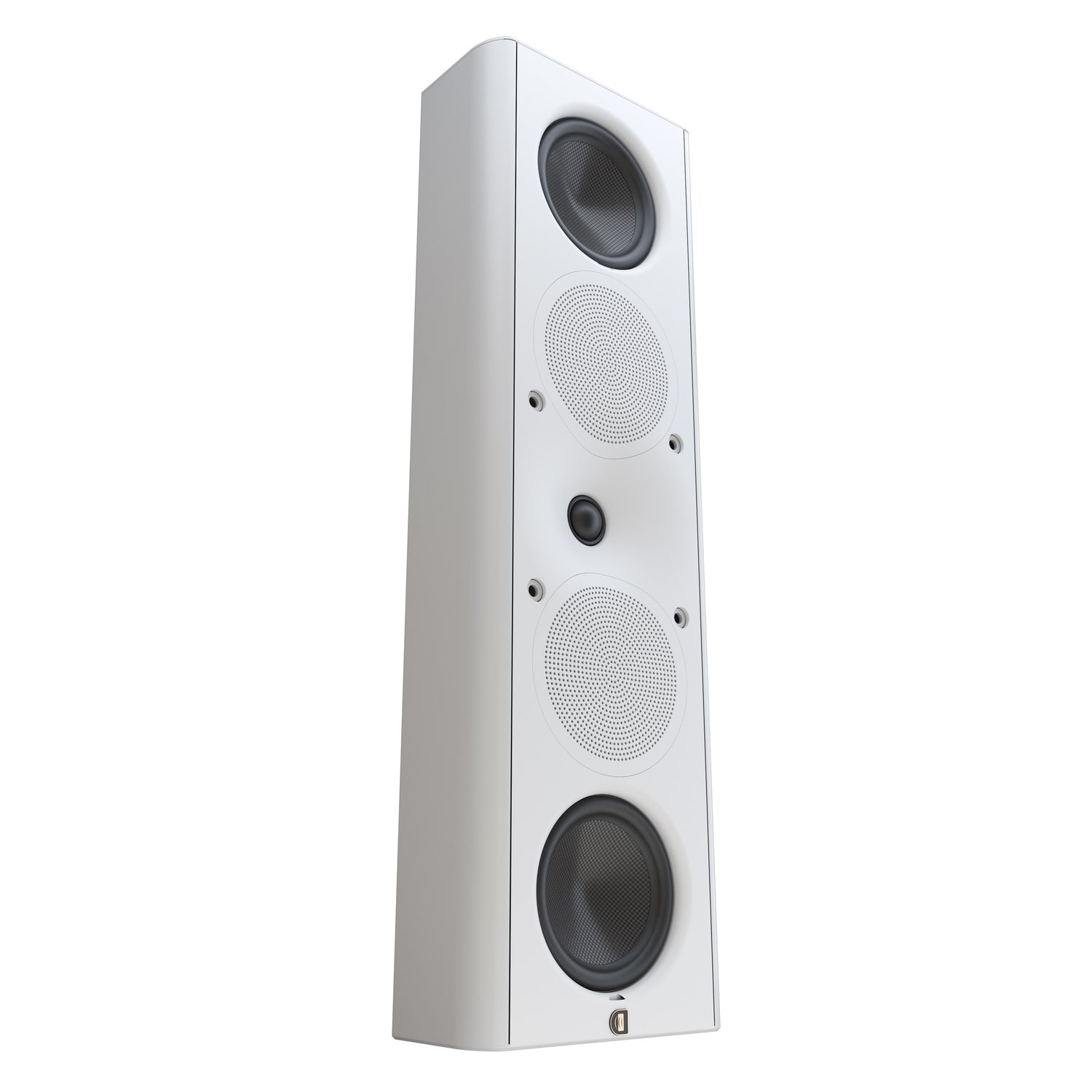 Perlisten X5w On-Wall Speaker, Satin White, three-quarter view facing right in vertical orientation