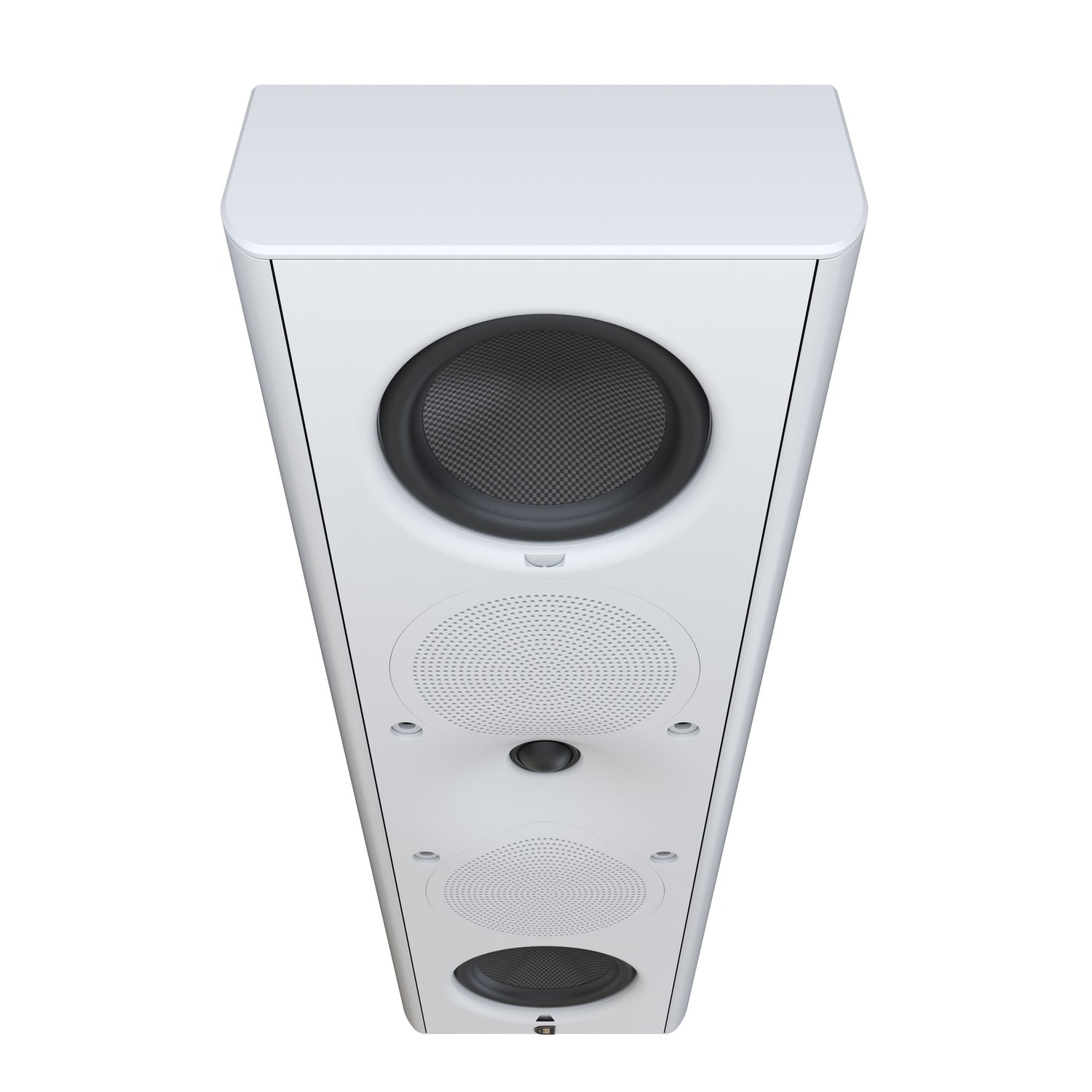 Perlisten X5w On-Wall Speaker, Satin White, three-quarter view from above in vertical orientation