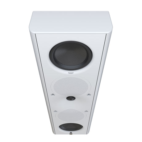 Perlisten X5w On-Wall Speaker, Satin White, three-quarter view from above in vertical orientation