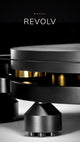 Michell Revolv turntable in black and silver: motor pod, drive belt, and platter detail