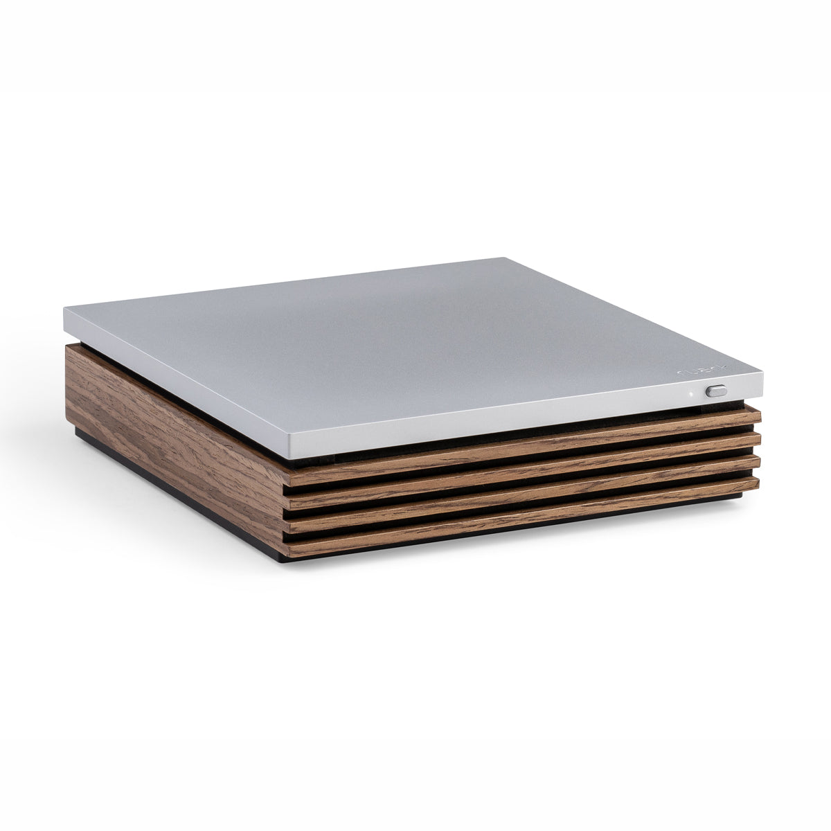 Ruark Audio R-CD100 USB CD Player in Walnut Veneer with brushed aluminum top, three-quarter view