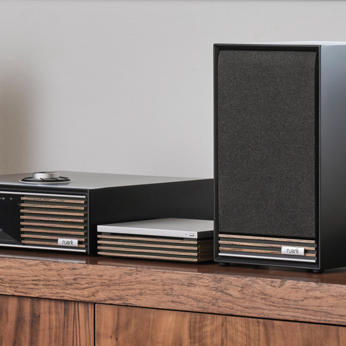 Ruark Audio R-CD100 USB CD Player paired with Ruark R410 Music System and Sabre-R speakers, lifestyle