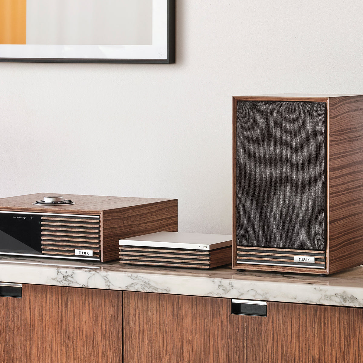 Ruark Audio R-CD100 USB CD Player corner detail showing wood slat construction