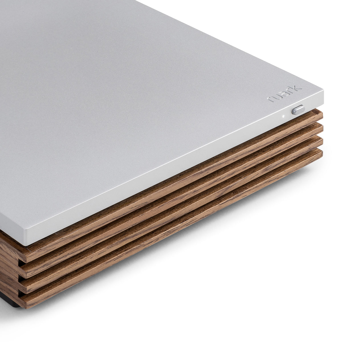 Ruark Audio R-CD100 USB CD Player close-up of brushed aluminum top with embossed ruark logo