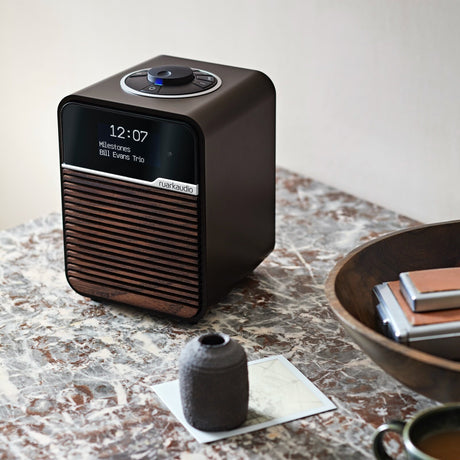 Ruark R1 MK4 in Espresso, lifestyle on marble side table