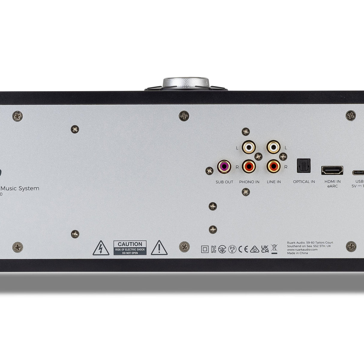 Ruark Audio R410 All-In-One Music System rear panel showing Sub Out, Phono In, Line In, Optical In, HDMI eARC and USB connections