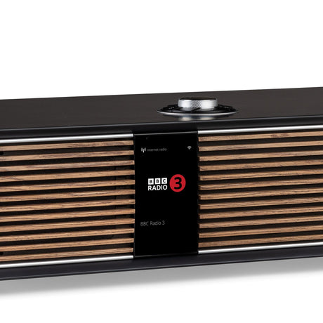 Ruark Audio R410 All-In-One Music System RotoDial control close-up showing source, preset, playback and menu functions