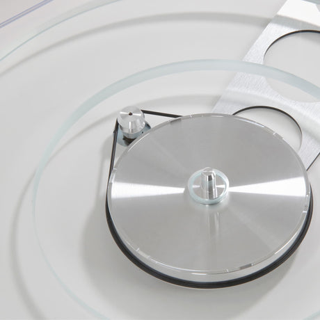 Rega Planar 6 Dual Layer Glass Platter, Clear, glass layers and aluminum sub-platter close-up
