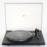Rega Planar 6 Dual Layer Glass Platter, Smoked, fitted to a Matt Polaris Grey Planar 6, front view with dust cover