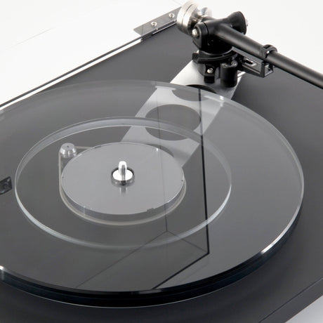 Rega Planar 6 Dual Layer Glass Platter, Smoked, fitted to a Matt Polaris Grey Planar 6, top platter view