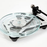 Rega Planar 8 Triple Layer Glass Platter, Clear, fitted to a white Planar 8, three-quarter view