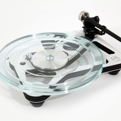 Rega Planar 8 Triple Layer Glass Platter, Clear, fitted to a white Planar 8, three-quarter view