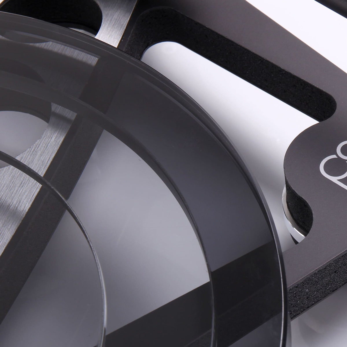 Rega Planar 8 Triple Layer Glass Platter, Smoked, platter rim and plinth close-up