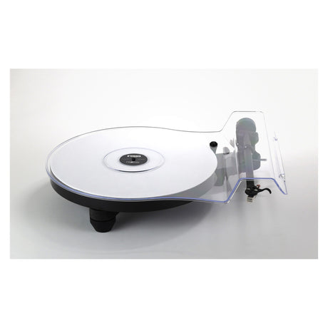 Rega Replay Turntable, black with clear dustcover, front three-quarter view