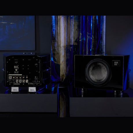 REL Reference No. 35 Subwoofers, Piano Black, stereo pair showing rear panel and front driver