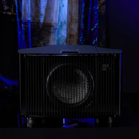 REL Reference No. 35 Subwoofer, Piano Black, front view with string grille fitted