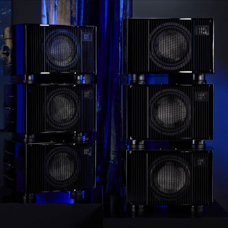 REL Reference No. 35 Subwoofers, Piano Black, front view of a Reference Line Array, two three-unit stacks with grilles
