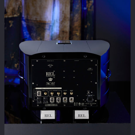REL Reference No. 35 Subwoofer, Piano Black, rear connection panel