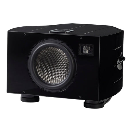 REL Reference No. 35 Subwoofer, Piano Black, three-quarter view facing left