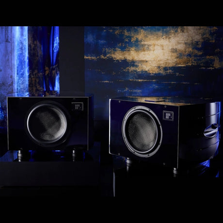 REL Reference No. 36 Subwoofers, Piano Black, three-quarter view of stereo pair