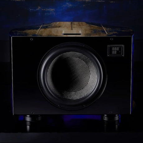 REL Reference No. 36 Subwoofer, Piano Black, front view showing 15 inch carbon fibre driver
