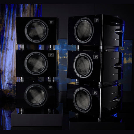 REL Reference No. 36 Subwoofers, Piano Black, front view of a Reference Line Array, two three-unit stacks
